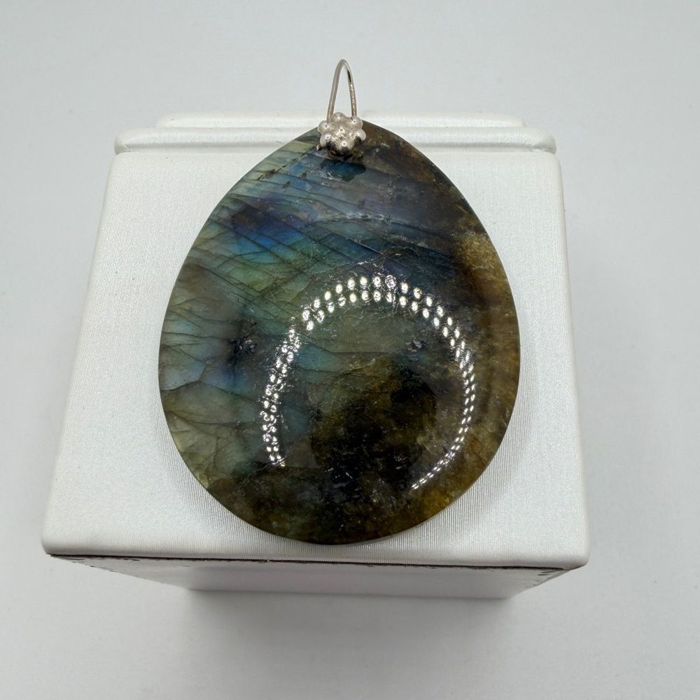 Monster 43x34 pear shaped labradorite pendant‎ with silver plated bail!
